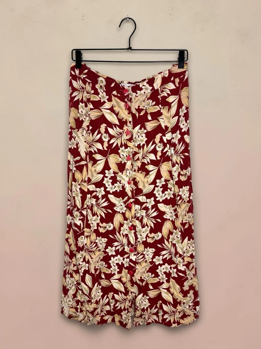 Sag Harbor Vintage Maroon Leaf Floral Button Front Midi Skirt